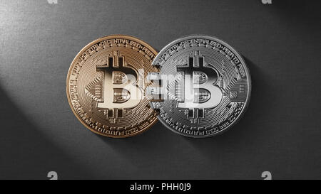 Two coins bitcoin on a black background money transfer concept. Stock Photo