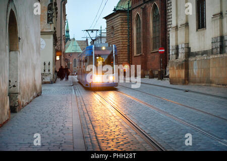 Tram on european city street Stock Photo