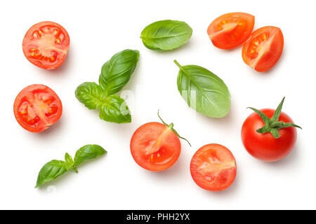Tomatoes and Basil Leaves Isolated on White Background Stock Photo