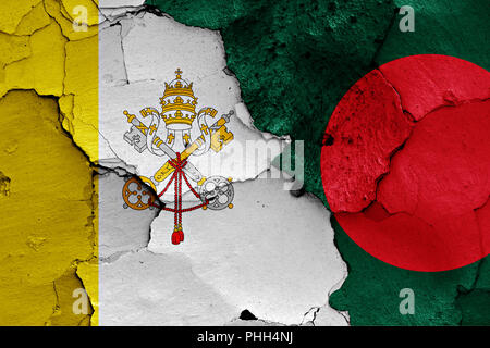 flag of Vatican and Bangladesh painted on cracked wall Stock Photo