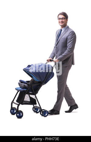 Young businessman nursing child in pram isolated on white Stock Photo