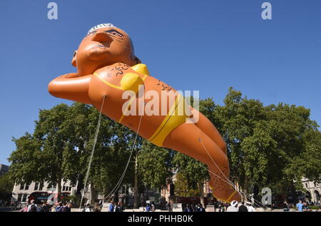 London, UK. 1st September, 2018. Make London Safe Again Campaigners flew a 29 ft balloon of London Mayor Sadiq Khan wearing a bikini to mark the fight back against rising knife and gun crime amid the lack of action from the London Mayor, Parliament Square, London. UK Credit: michael melia/Alamy Live News Stock Photo