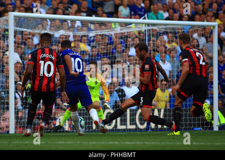 London, UK. 1st September, 2018. Eden Hazard of Chelsea (10) shoots and scores his team's second goal. Premier League match, Chelsea v AFC Bournemouth at Stamford Bridge in London on Saturday 1st September 2018.  this image may only be used for Editorial purposes. Editorial use only, license required for commercial use. No use in betting, games or a single club/league/player publications. pic by Steffan Bowen/ Andrew Orchard sports photography/Alamy Live news Stock Photo