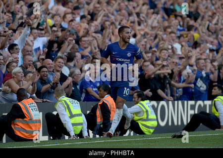 London, UK. 1st September, 2018. Eden Hazard of Chelsea scores the second goal during the Chelsea vs AFC Bournemouth Premier League match at Stamford Bridge on Saturday 1st September 2018 EDITORIAL USE ONLY No use with unauthorised audio, video, data, fixture lists (outside the EU), club/league logos or 'live' services. Online in-match use limited to 45 images (+15 in extra time). No use to emulate moving images. No use in betting, games o Credit: MARTIN DALTON/Alamy Live News Stock Photo