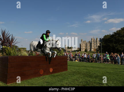 Stamford, UK. 1st September 2018. Warren Lamperd on Silvia on the Cross Country day of the 3 Day event at the Land Rover Burghley Horse Trials, at Burghley House, Stamford Lincs, on September 1, 2018. Credit: Paul Marriott/Alamy Live News Stock Photo