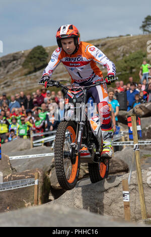 Silsden, Yorkshire, UK. 1st September, 2018. Toni Bou (Repsol Honda)  wins qualifying at The World Trials GP British Round at Addingham Moorside Credit: Richard Swaine/Alamy Live News Stock Photo