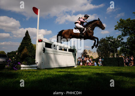 Stamford, Lincs, UK. 1st September 2018. Georgie Spence (GB) riding Wii Limbo during the Cross Country phase of the 2018 Land Rover Burghley Horse Trials in Stamford, Lincolnshire, United Kingdom. Jonathan Clarke/Alamy Live News Stock Photo