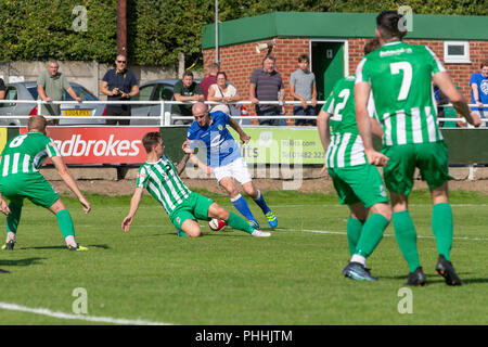 East Riding of Yorkshire, UK. 01 September 2018 - North Ferriby United A.F.C in the East Riding of Yorkshire, England, known as The Villagers and playing in green, hosted a match against Warrington Town AFC, known as The Yellows and The Wire and playing in blue, Both clubs play in the Evo Stik Northern Premier League Premier Division, the seventh tier of English football. Credit: John Hopkins/Alamy Live News Stock Photo