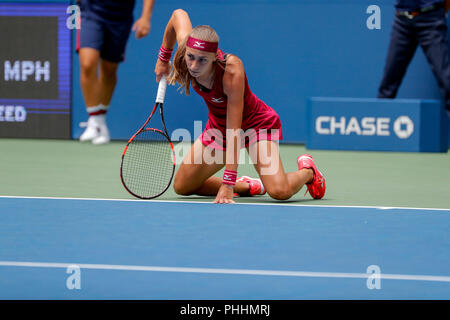 New York, USA. 1st Sep, 2018. Aleksandra Krunic of Serbia reacts during the women's singles third round match against Madison Keys of the United States at the 2018 US Open tennis championships in New York, the United States, Sept. 1, 2018. Keys won 2-1. Credit: Li Muzi/Xinhua/Alamy Live News Stock Photo