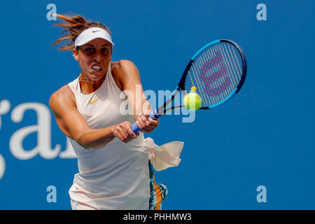 New York, USA. 1st Sep, 2018. Madison Keys of the United States returns a hit during the women's singles third round match against Aleksandra Krunic of Serbia at the 2018 US Open tennis championships in New York, the United States, Sept. 1, 2018. Keys won 2-1. Credit: Li Muzi/Xinhua/Alamy Live News Stock Photo