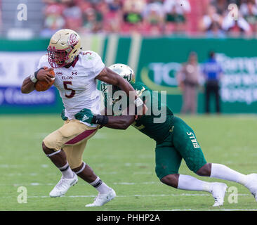 Tampa, Florida, USA. 01st Sep, 2018. Elon Phoenix running back Malcolm Summers (5) runs the ball in the 1st half during the game between the Elon Phoenix and the South Florida Bulls at Raymond James Stadium in Tampa, Florida. Del Mecum/CSM/Alamy Live News Stock Photo