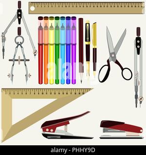 Vector flat set of school and office supplies Stock Vector