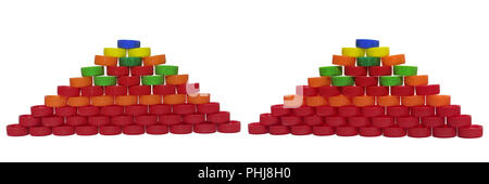 pair of pyramids made out of colored plastic caps for beverage bottle Stock Photo