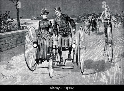 1800s cyclists. An illustration from 1886 where a young couple is sitting in a bicycle like vehicle. They can both pedal the bicycle that has two big wheels in back and one small wheel in front. To the right a man riding a Penny Farthing bicycle. 1886