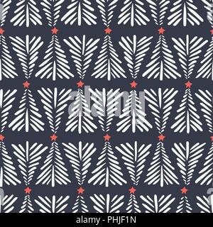 Hand drawn abstract Christmas trees, red stars on dark background vector seamless pattern. Winter Holiday Scandinavian Nordic Print. Abstract stripes  Stock Vector
