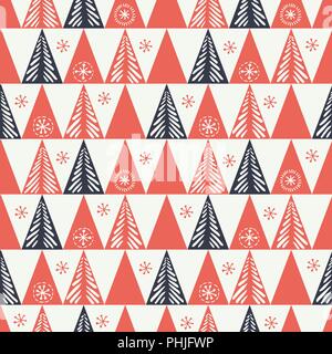 Hand drawn abstract Christmas trees, snowflakes, triangles on white background vector seamless pattern. Winter Holiday Scandinavian Nordic Print. Abst Stock Vector
