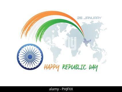 January 26. Republic day of India. Abstract colors of the Indian flag with Ashoka Chakra and World Map. Vector illustration. Stock Vector