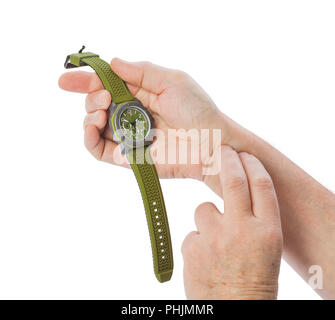 Hand of old man taking pulse Stock Photo