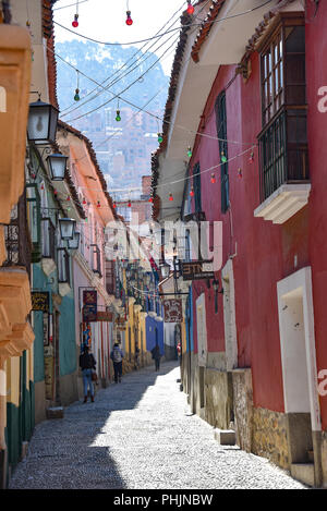 Colourful buildings in the Calle Jaen, a spanish colonial style street in La Paz, Bolivia Stock Photo