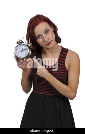 Woman with alarm clock Stock Photo