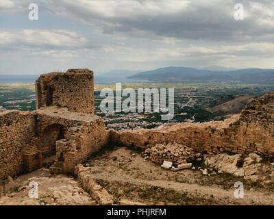 Greece, Argos city. On a hill above the old town, the historic castle of Larisa.The dramatic fortification and the surrounding Peloponnese countryside. Stock Photo