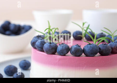 The two-color blueberry mini cheese cake. Round no bake cheesecake, bowl with blueberries, cup of coffee and bowl with sugar. Top of cake decorated by Stock Photo