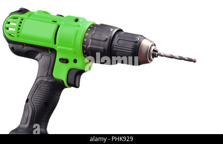 Cordless drill with drill bit working also as screw gun. Stock Photo
