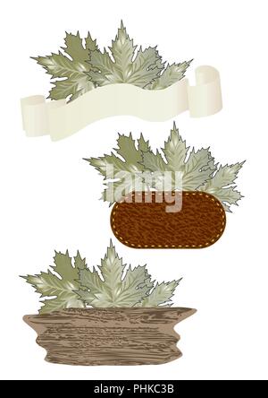set od banner, paper, leather and wooden icons isolated on white Stock Vector