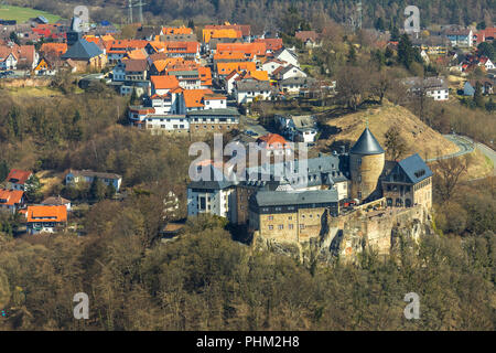 , Waldeck with the castle complex Schloss Waldeck in Waldeck in Hesse. Waldeck, Burg Waldeck an der Eder, Hesse, Germany, Waldeck, DEU, Europe, aerial Stock Photo