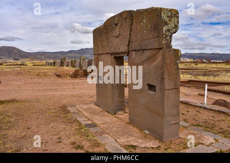 The Puerta de Sol (Gateway of the Sun) of the Kalasasaya, at the Tiwanaku archeological site, near La Paz, Bolivia. Stock Photo