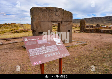 The Puerta de Sol (Gateway of the Sun) of the Kalasasaya, at the Tiwanaku archeological site, near La Paz, Bolivia. Stock Photo