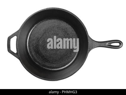 Empty, clean black cast iron pan or dutch oven top view from above over white background Stock Photo