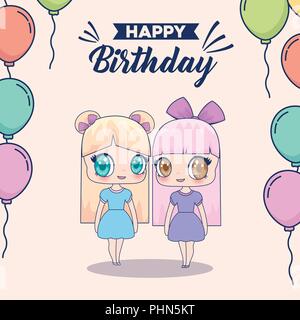 happy birthdaydesign with kawaii anime girl with related icons