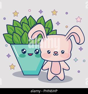 cute rabbit and cactus pot  icon over gray background, colorful design. vector illustration Stock Vector