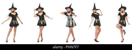 Beautiful witch in black dress isolated on white Stock Photo