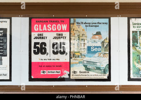vintage tourism poster and vintage British Rail poster from the 1970s - Wemyss Bay Station, Scotland, UK Stock Photo