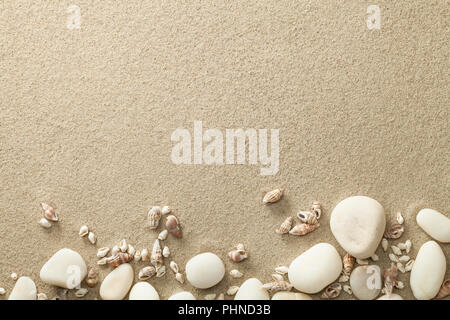 Sand, Beach Background with Shells and Stones Stock Photo