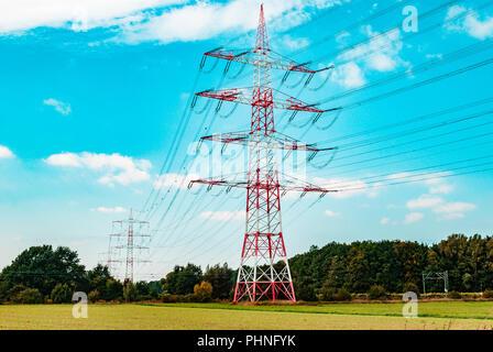red white pylons, low angle Stock Photo
