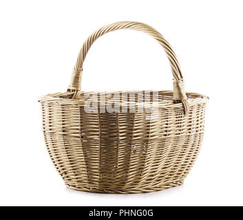 Empty wicker basket isolated on white background. Stock Photo