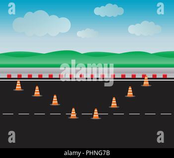 Set of Traffic cone on road with landscape background Stock Vector