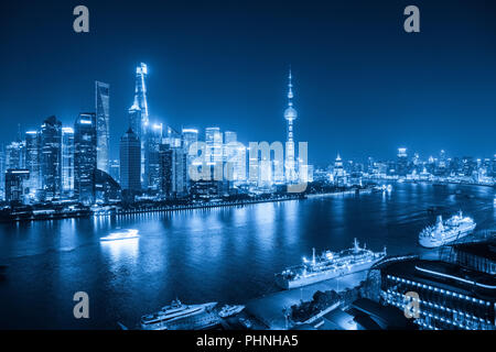 shanghai skyline at night with blue tone Stock Photo