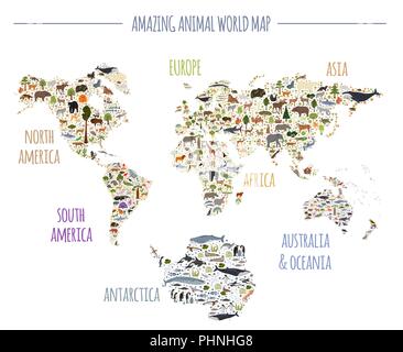 Flat world flora and fauna map constructor elements. Animals, birds and sea life isolated big set. Build your own geography infographics collection. V Stock Vector