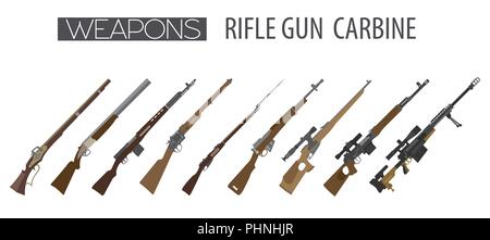 Firearm set. Gun, rifle, carbine. Flat design. Vector illustration Stock Vector