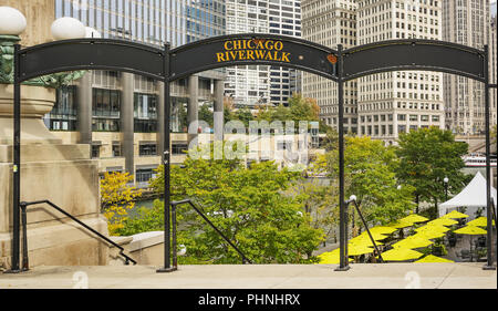 Entrance sign of the Chicago river walk Stock Photo