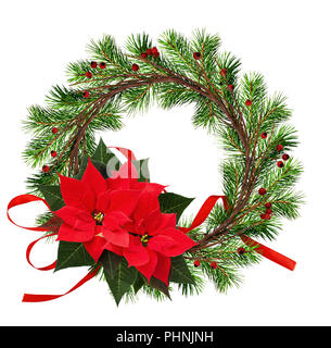 Round wreath from dry twigs and Christmas tree branches with red berries, silk ribbon bow and poinsettia flowers isolated on white background. Flt lay Stock Photo
