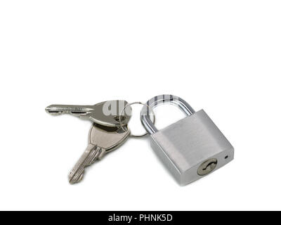 silver padlock with keys isolated on white background. Stock Photo