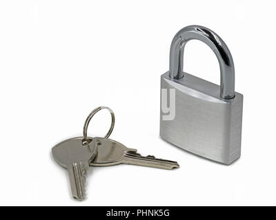 silver padlock with two keys isolated on the white background. Stock Photo