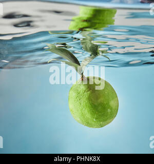 Fresh lime dropped into water with splash isolated on blue Stock Photo