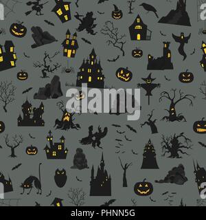 Halloween holiday seamless pattern. Flat design. Vector illustration Stock Vector