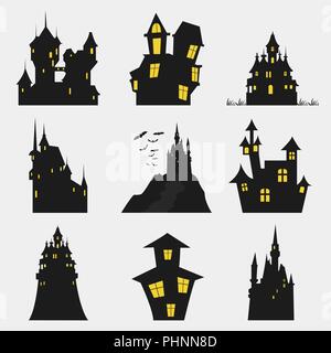 Misterious house in the dark night. Halloween holiday. Flat icons. Vector illustration Stock Vector